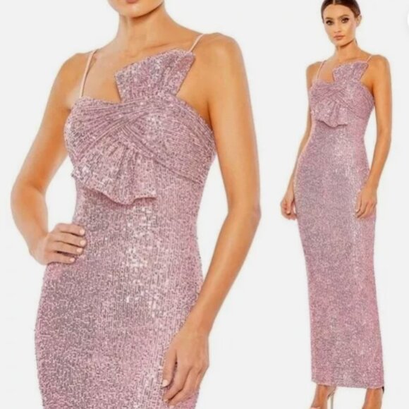 MAC DUGGAL 11284 SEQUINED STRAPLESS FAUX BOW ROSE PINK COLUMN GOWN sz 0 - Picture 3 of 4